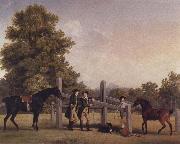 George Stubbs, The Third Duke of Portand and his Brother,Lord Edward Bentinck,with Two Horses at a Leaping Bar